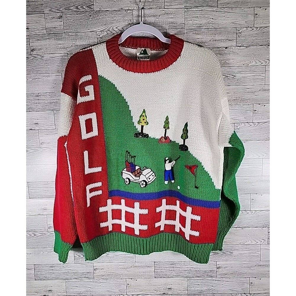Vintage Andina Knit Golf Crewneck Size M Cotton Made In Peru Ugly Sweater